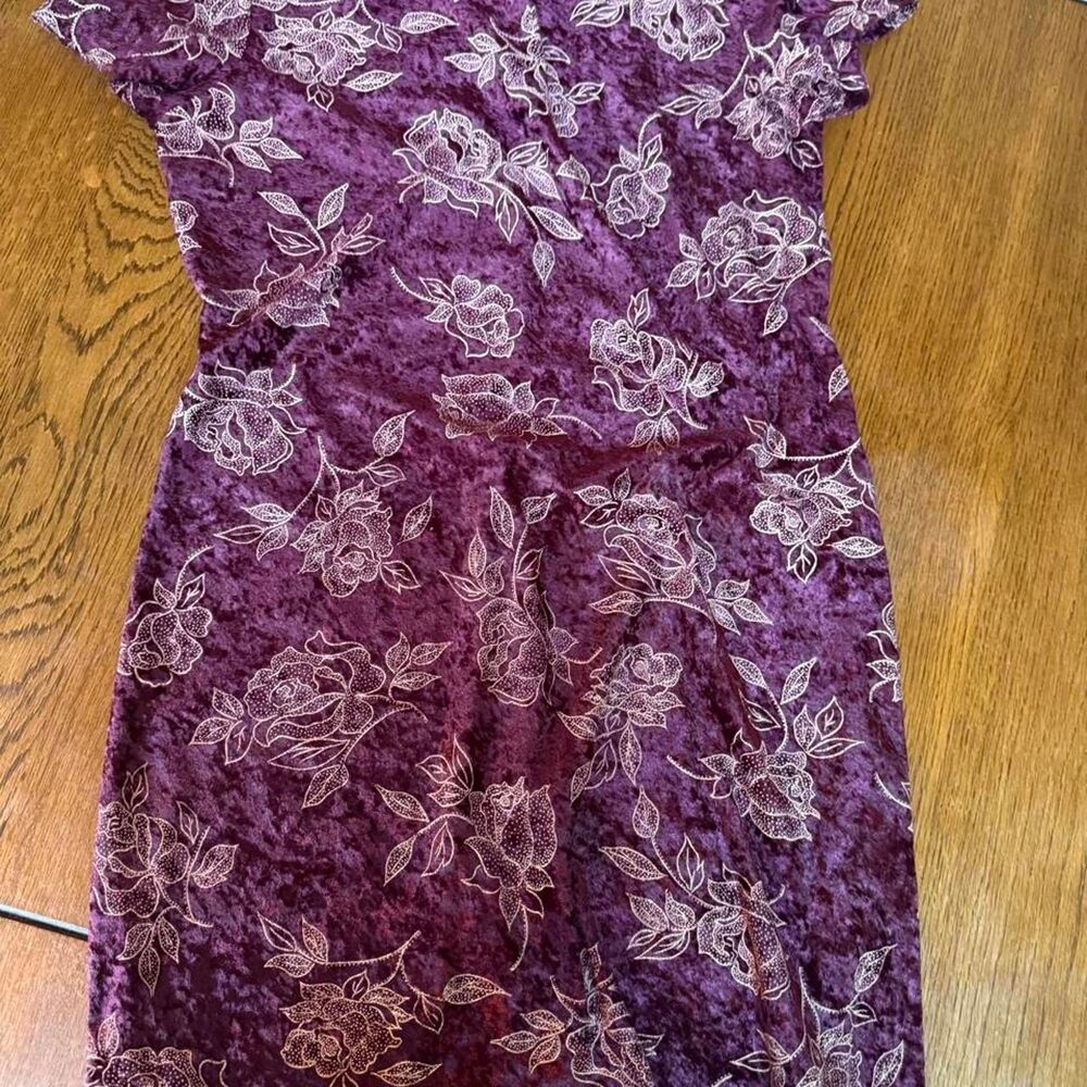 Burgundy velvet floral mini dress with cream floral detail, size 9